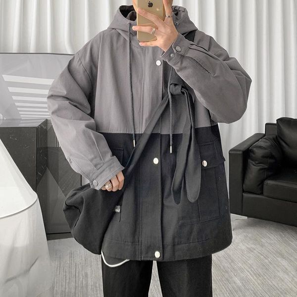 

hooded jacket men's fashion hit color casual cotton overalls jackets mens streetwear wild loose hip hop bomber jacket men m-2xl, Black;brown