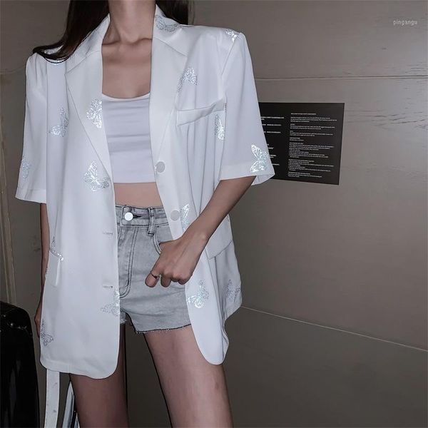 

butterfly reflective blazer lapel v-neck turndown button outfit korean women loose short sleeve shirt blouse harajuku blusa1, White