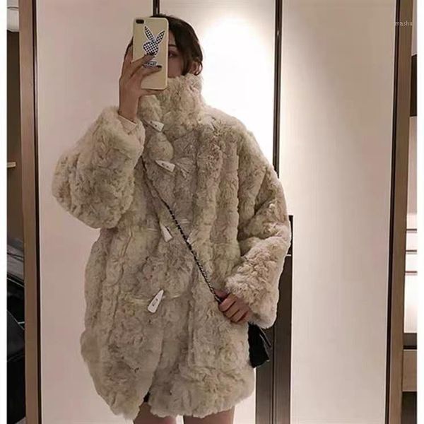 

2021 winter mid-length lamb fleece faux fur jacket women horn buckle rex reversible plush fake fur coat women's outerwear1, Black