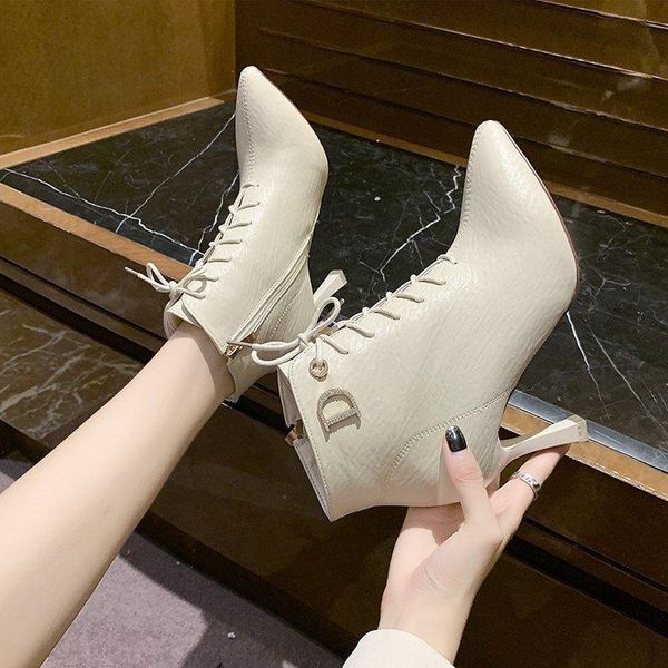 

stiletto pointed toe ankle boots women pumps lace up casual boots autumn high heel shoes women zapatillas mujer 2020, Black