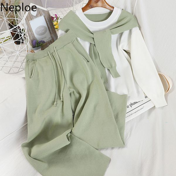 

neploe womens knitted two piece sets contrast color lace up long sleeve knitwear + lace up wide leg pants korean suits 4a372 t200702, White