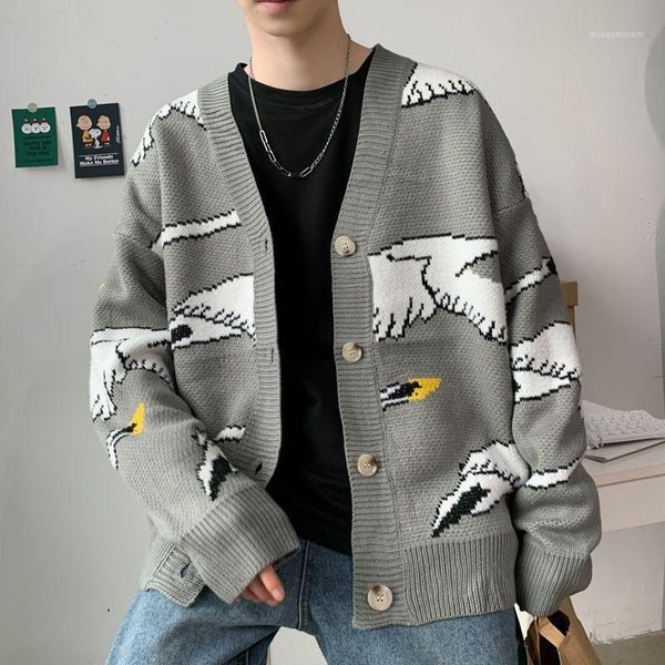 

winter cardigan men's warm fashion animal casual knitted sweater jacket men streetwear loose knitting sweaters mens clothes1, White;black