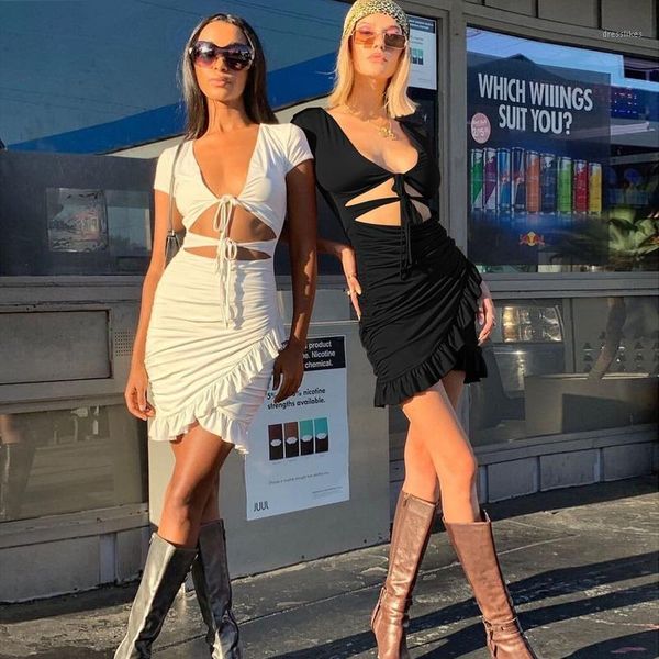 

casual dresses 2021 spring and summer women's deep v hollow ruffled hip dress1, Black;gray