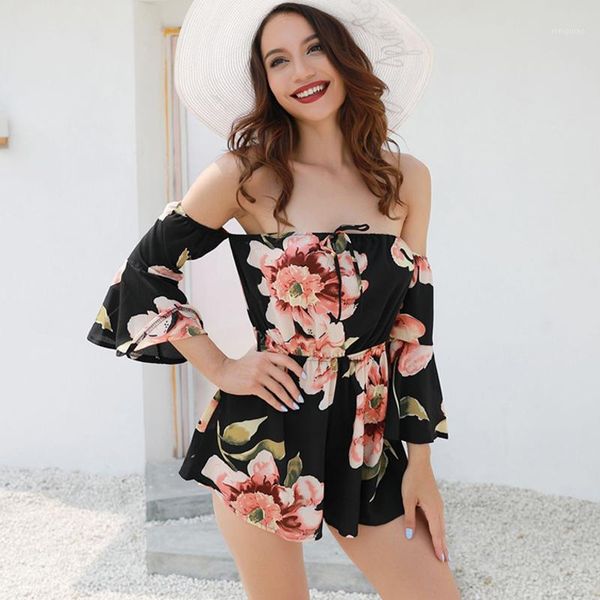 

vintage 2020 ruffles boho off shoulder floral print jumpsuit women short summer playsuit high waist beach holiday romper1, Black;white