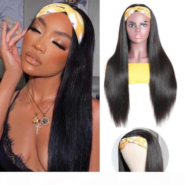 

queenlife 30inch human hair headband scarf wig straight human hair wig no plucking wigs for women no glue & sew in more hairs, Black;brown