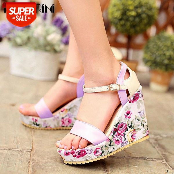 

ribetrini ladies fashion flower print shoes summer super high wedges women sandals sweet date platform sandals #uv6m, Black