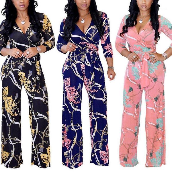 

plus size womens v-neck long sleeve jumpsuit fashion ladies autumn clubwear floral print playsuit party jumpsuit long trousers1, Black;white