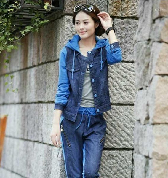 

autumn suits set korean fashion women knit stitching denim hood jacket + pants casual 2 piece set women1, White