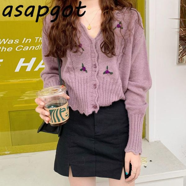 

sweater women fashion chic wild autumn outwear new v neck floral embroidery purple cardigan vintage japan style knitted, White