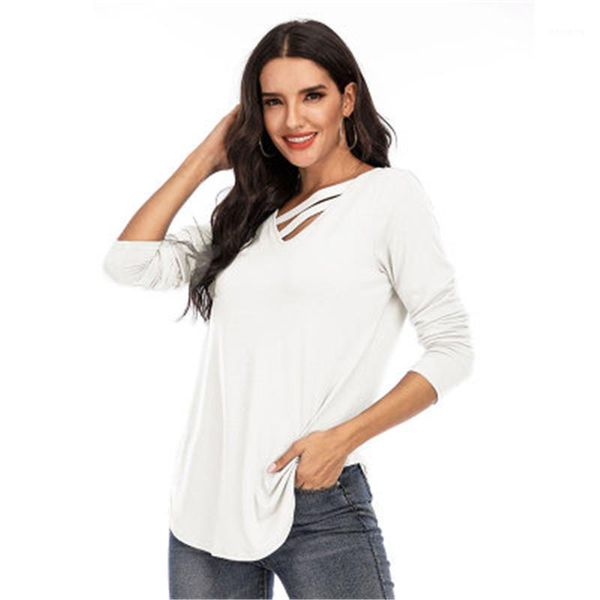 

casual loose shirt women long sleeve v-neck t-shirt designer fashion solid color crew neck 2 decorative strips tees female, White