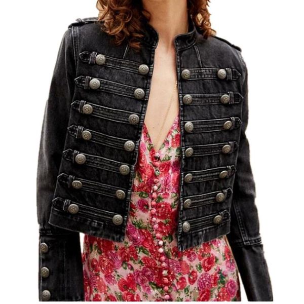 

2021 spring style handsome stand collar denim jackets women double-breasted old wild slim short jeans coat, Black;brown