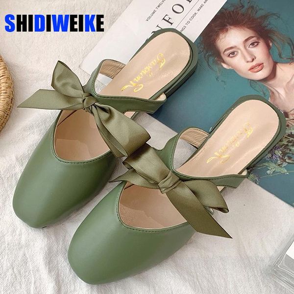 

slippers ribbon bow flip flops women square toe bowtie sandals size 40 black beige leather pleated slides chaussures femme summer ac692