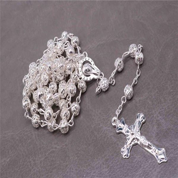 

pendant necklaces 6mm crystal bead cross necklace golden hollow rosary,, Silver
