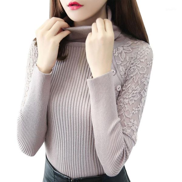 

autumn winter women pullover sweaters korean high elasticity lace embroidery button jumpers slim turtleneck female knitted 1, White;black