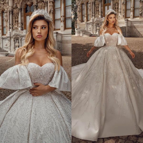 

2020 crystal a line wedding dresses plus size off shoulder lace beading vintage bridal gowns custom made dubai luxurious wedding dress, White
