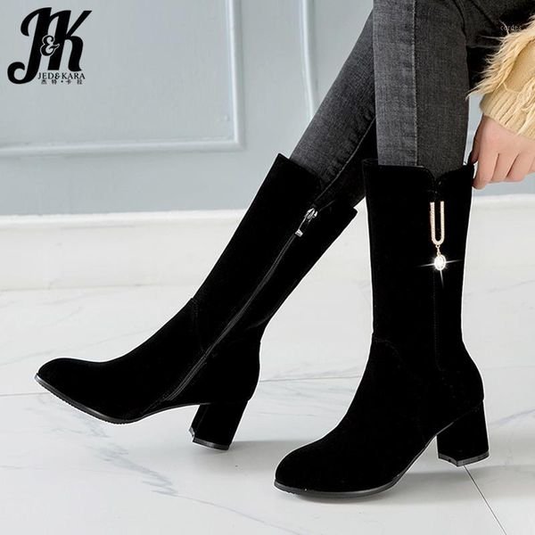 

boots jk high heels wome mid-calf boot ladies fashion round toe crystal shoes female flock zip winter 2021 plus size 32-451, Black