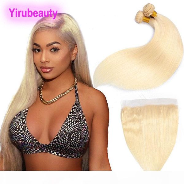 

indian raw virgin hair 2 bundles with 13x4 lace frontal pre plucked straight 613 color blonde human hair bundles with 13 by 4 frontal, Black;brown