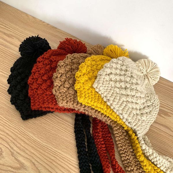 

women's jmx / winter pineapple hair ball long braid korean wool hat warm solid color lovely versatile, Blue;gray