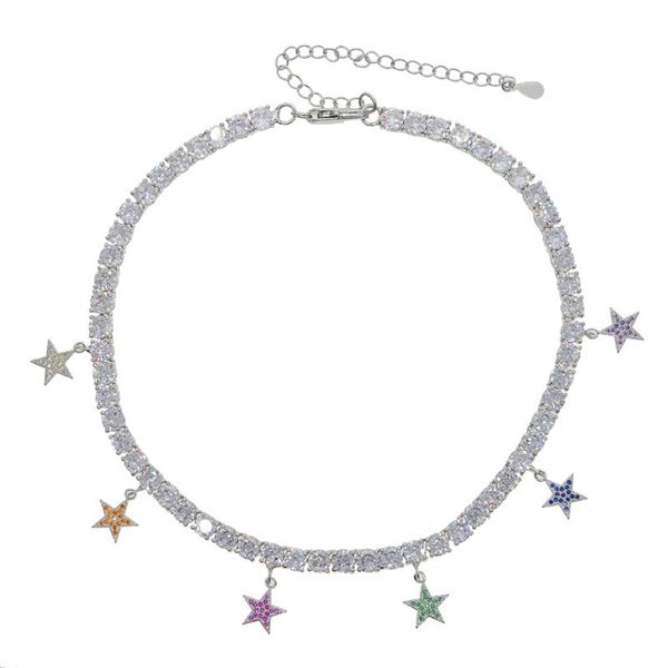 

new hip hop women 5a cz tennis chain choker necklace with rainbow colorful cz star iced out hip hop bling choker for women, Golden;silver