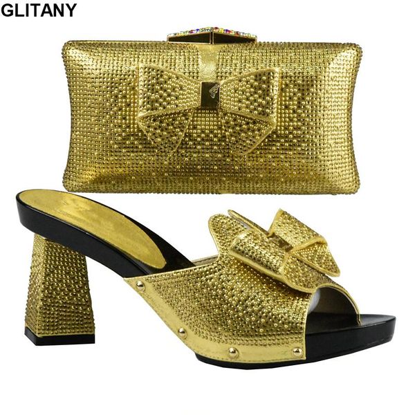 

gold color italian ladies shoe and bag set decorated with rhinestone african shoe and bag set for party in women nigerian shoes, Black