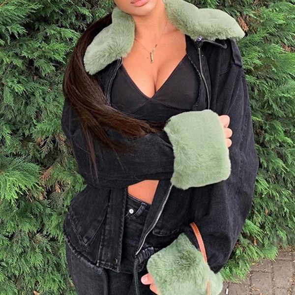 

women denim jacket short 2021 autumn spring new temperament all-match retro loose casual overcoat detachable fur collar, Black;brown