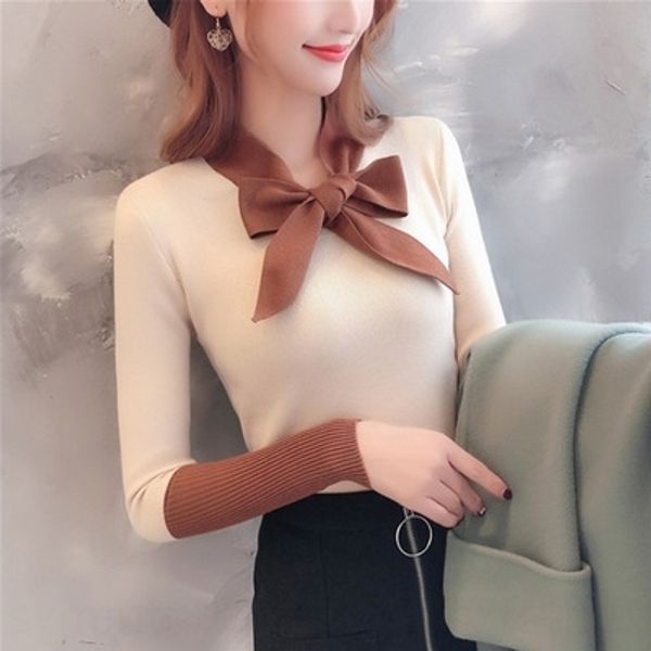 

scx55 autumn dantm knitwear winter woman new v-neck sweater pullover splicing long sleeve bottoming bow sweet knitwear 2020 pullover, White;black