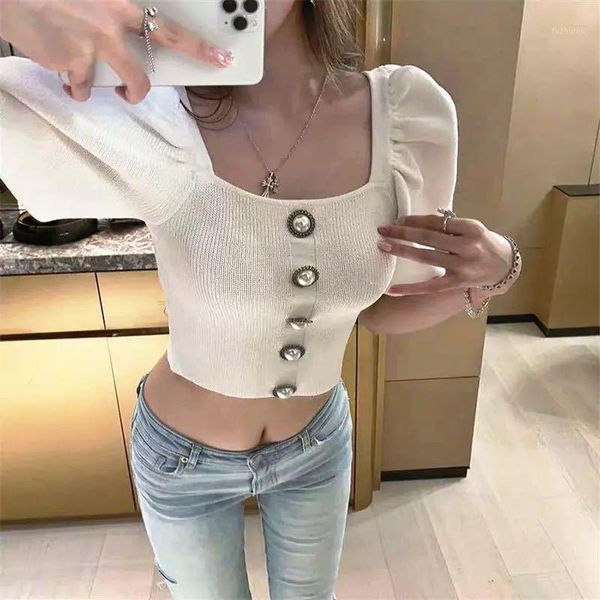 

crop sweater women 2020 runway designer shirt square collar puff sleeve short pullover short white knitted knitwear1, White;black
