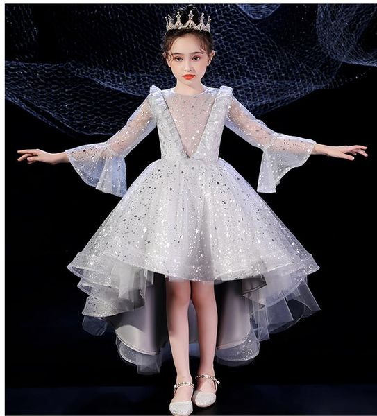 

the new style of 2020, short front and long round neck, layered, simple, good-looking and fashionable hand-made flowered puff dress for girl, White;blue