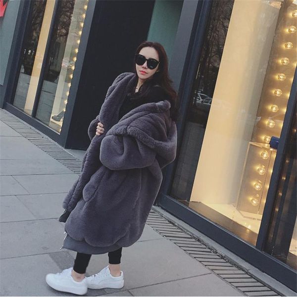 

women's fur & faux 2021 womens winter fluffy teddy jackets with hood thick warm long female coat loose luxury jacket outwear, Black
