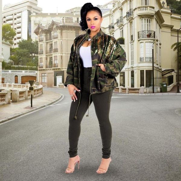 

2019 women camouflage long coat fashion drawstring zipper sequins jacket autumn winter long sleeve pocket hip hop camo outwear1, Black;brown