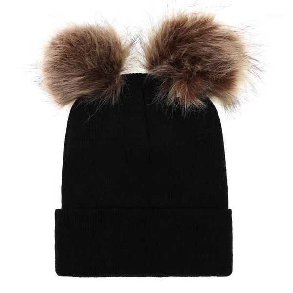 

women warm soft solid autumn winter knitting faux fur double ball girl pompom beanies hat1, Blue;gray