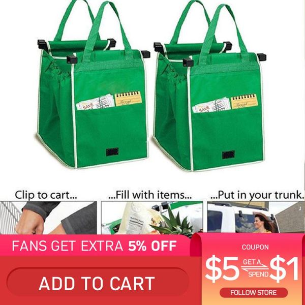 

3pcs green storage bags reusable large trolley clip-to-cart grocery supermarket shopping bags portable foldable tote handbag
