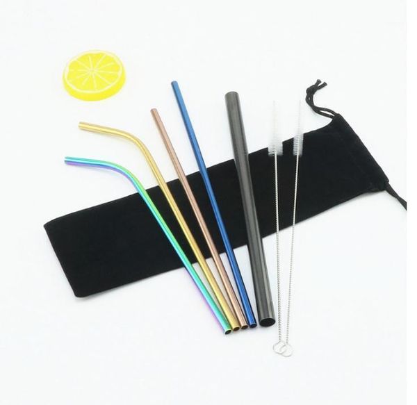 

drinking straws 100set 7pcs/set reusable metal 304 stainless steel bent straight drinks straw with cleaning brush for bar sn19031