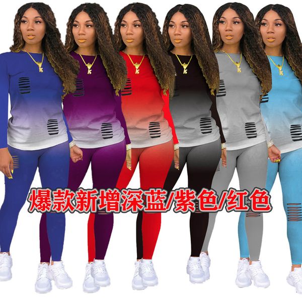 

women tracksuits two pieces set gradient color flower burning and hole breaking long sleeve pants ladies new fashion casual sportwear 2020 p, White