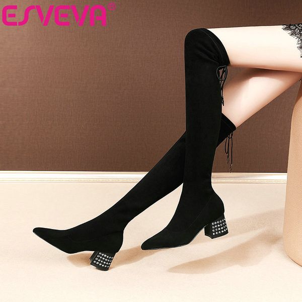 

esveva 2021 crystal square high heel pu+flock over the knee boots women boots shoes pointed toe lace up size 34-42, Black