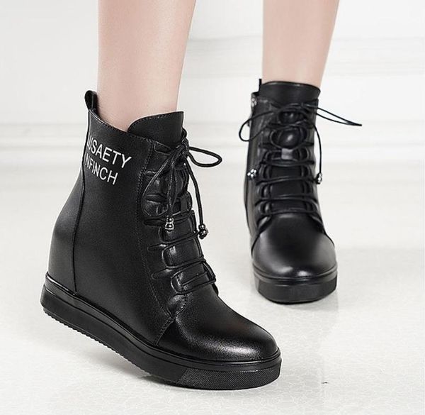

leather snow boots women ankle boots motocycle female shoes autumn lace up winter warm new british style, Black