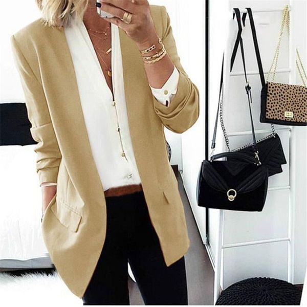 

women elegant business coat cardigan fashion slim suit solid color long sleeve office lady jackets autumn a66, White;black
