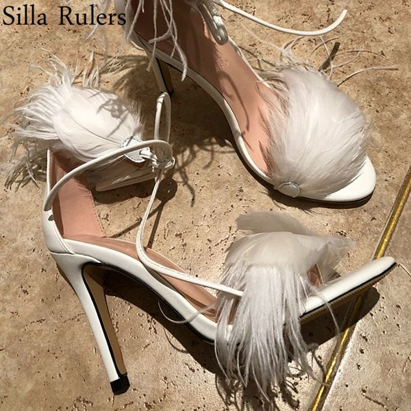 

new ladies feather sandals super high heels party shoes woman ankle strap women sandals toe clamping summer shoes woman t200327, Black