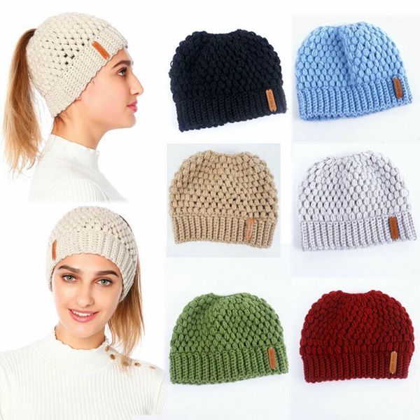 

party hats 2021 fashion autumn winter ponytail beanie hat soft stretch high messy knit womens warm solid cap1