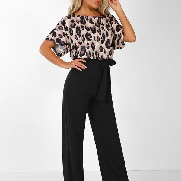 

jumpsuit women leopard pockets bodysuits short sleeve playsuit clubwear straight leg jumpsuit streetwear #501, Black;white