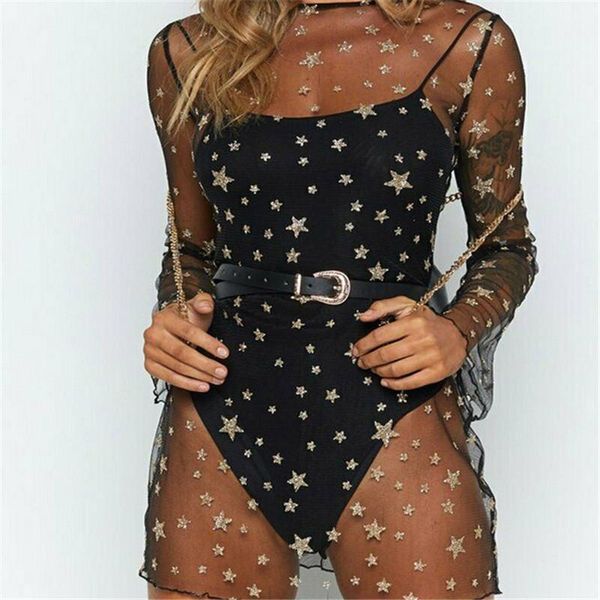 

2019 summer sheer mesh black short dresses women crochet hollow star print long sleeve party see-through wrap mini dress(no belt1, Black;gray