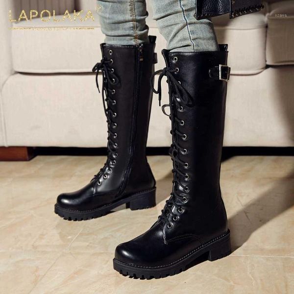 

boots lapolaka 2021 big size 43 platform comfortable shoes woman zipper concise chunky heels spring autumn female1, Black