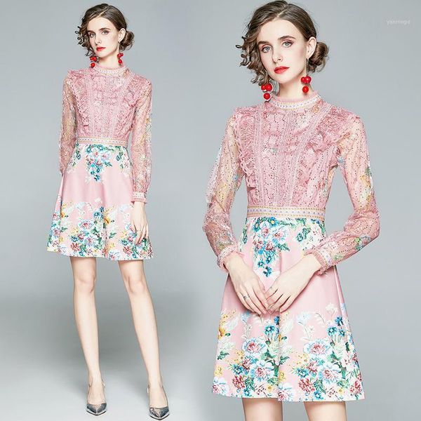 

new fall 2020 women's oversized dress retro french lace splicing slim temperament long sleeves elegant printed sequined1, Black;gray