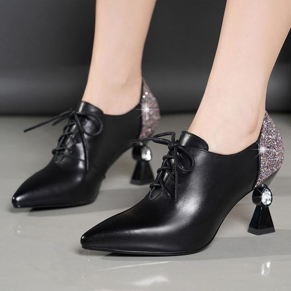 

dress shoes women pumps high heels female fashion sheepskin leather thick heel ladies shoe lace up pointed toe wedding w0102, Black