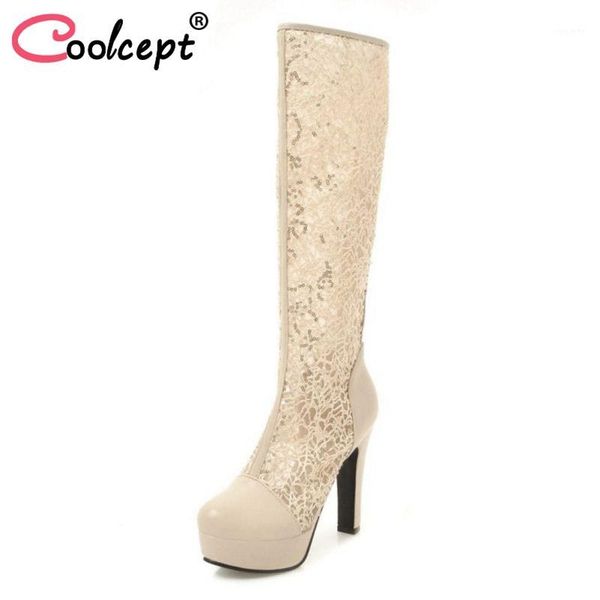 

coolcept size 34-43 women high heel boots round toe platform lace knee boots female fahsion shoes party club footwear1, Black