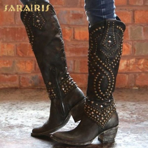 

boots sarairis 2021 arrivals zip up knee women shoes chunky heels rivet fashion ins female ladies, Black