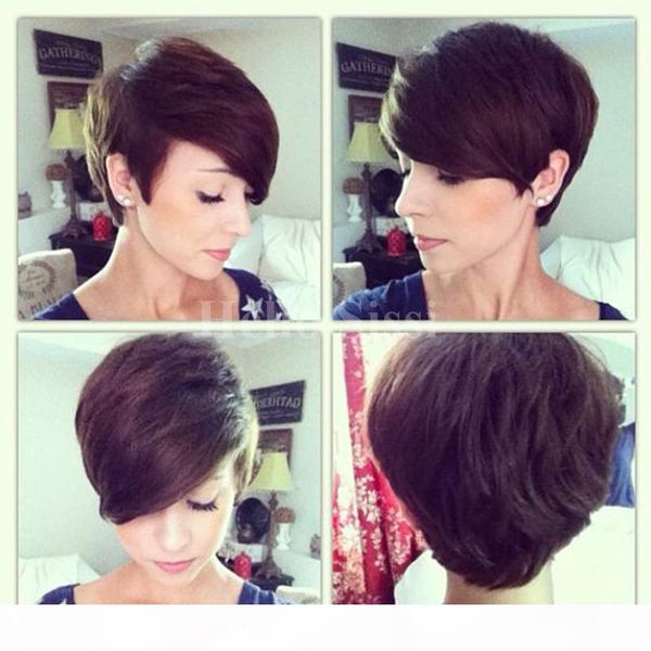 

unprocessed grade front full lace human hair wigs machine made glueless human hair wigs rihanna chic cut short wigs for black women, Black;brown