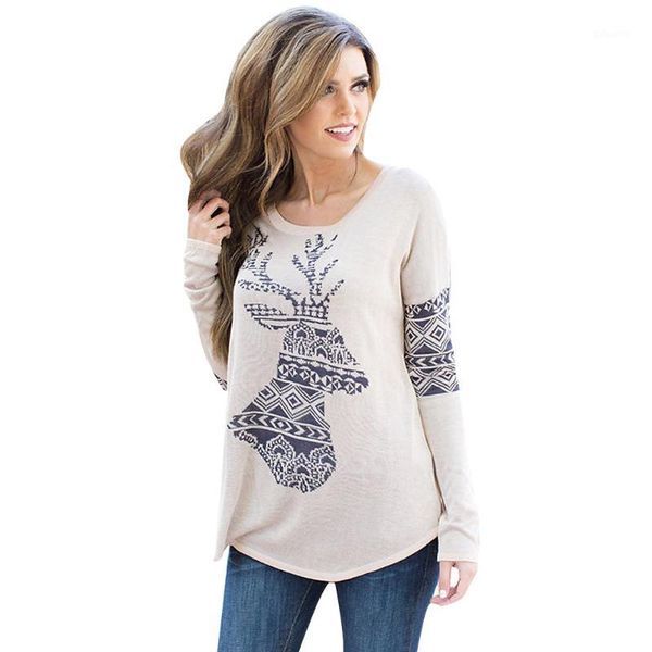 

wholesale-fashion womens elk deer printing t shirt femme splice long sleeve women poleras muje #01, White