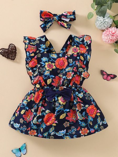 

baby floral print bow front ruffle trim overall dress she, Red;yellow