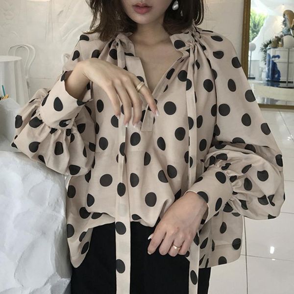 

vintage polka dot blouse women lantern sleeve casual tunic shirt plus size stylish fashion stand collar bow tie blusa, White
